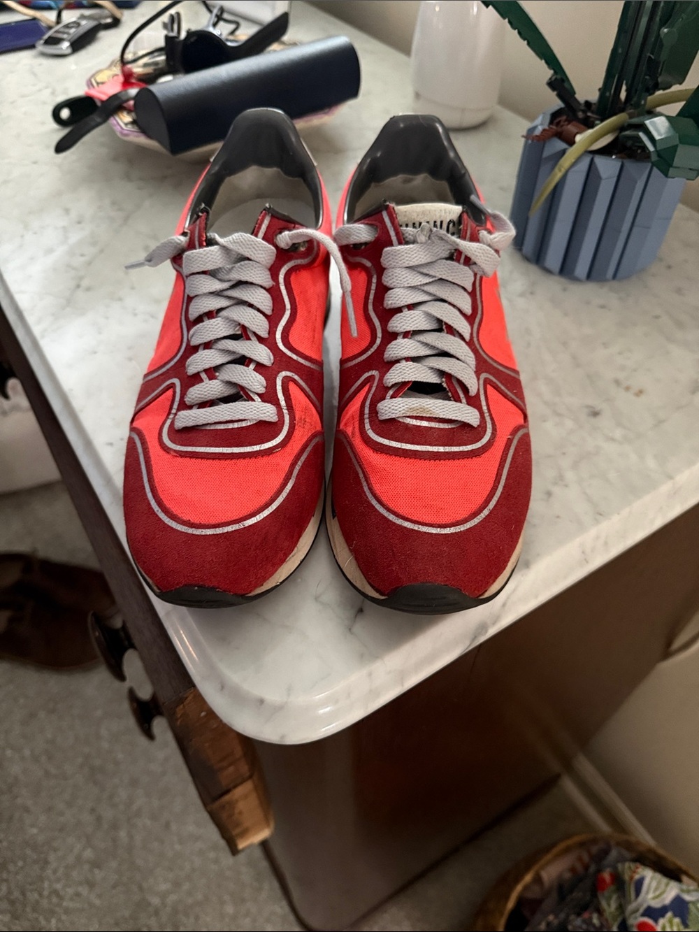 Red Athletic Sneakers with Gray Laces